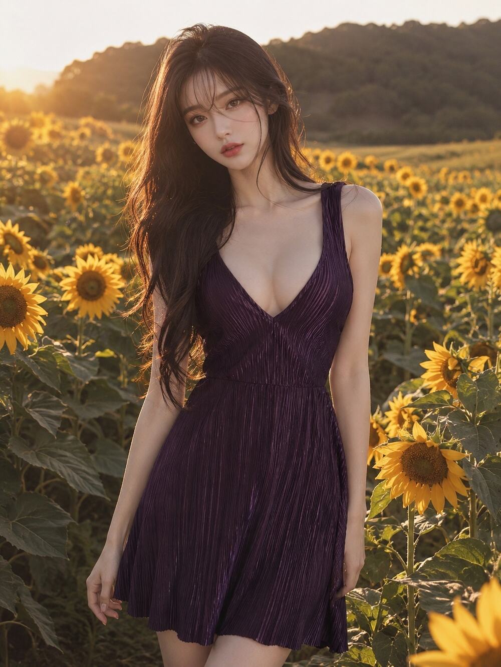 The Silky Tease plunging midnight plum textural cocktail mini Dress